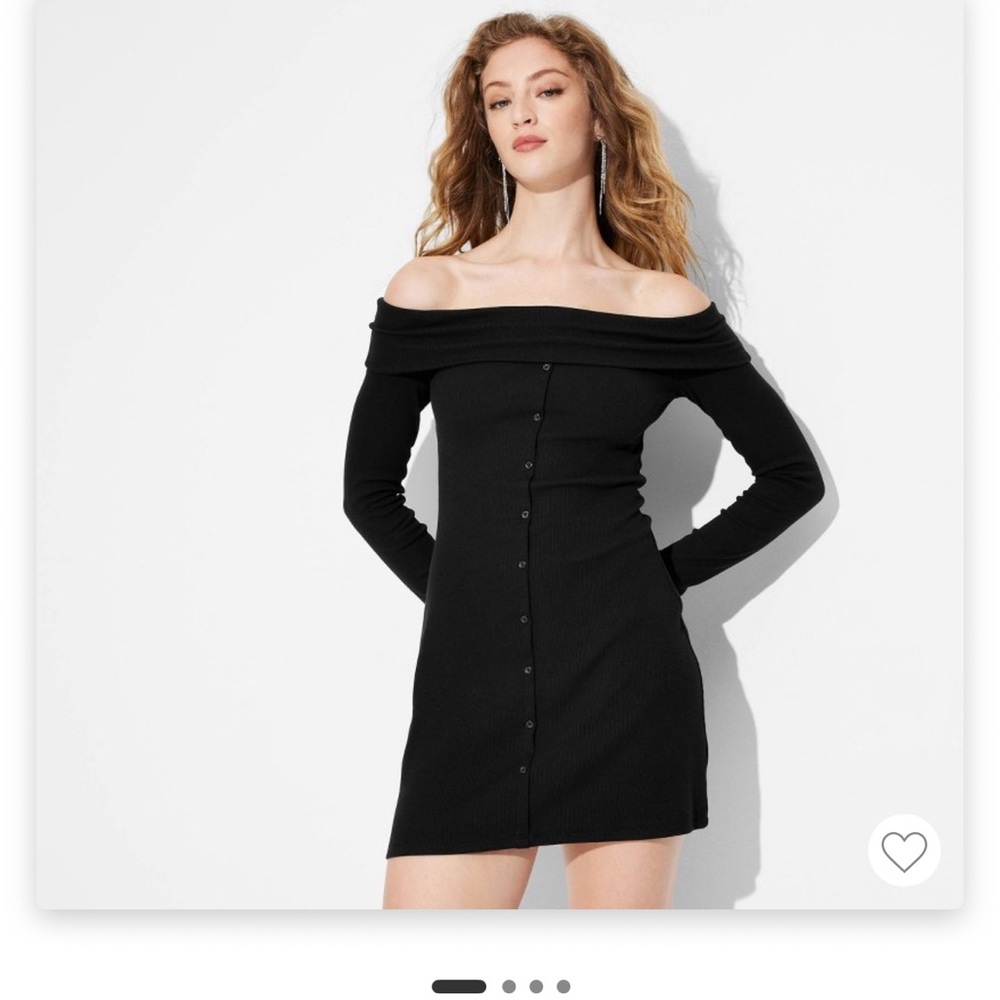 Off-Shoulder Black Buttoned Dress